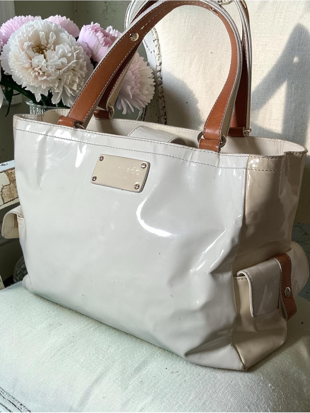 kate spade Cream Patent Tote with Brown Handles